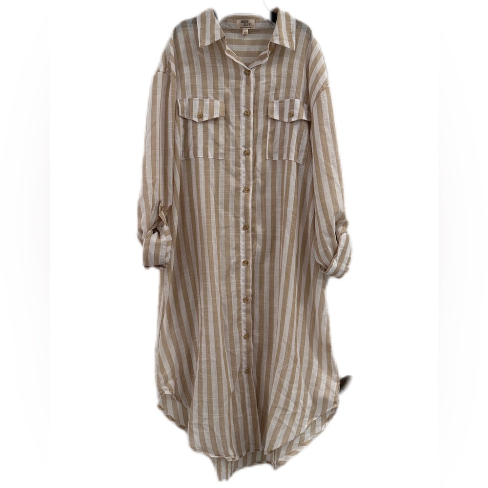 Long sleeve tan and white womens shirt dress